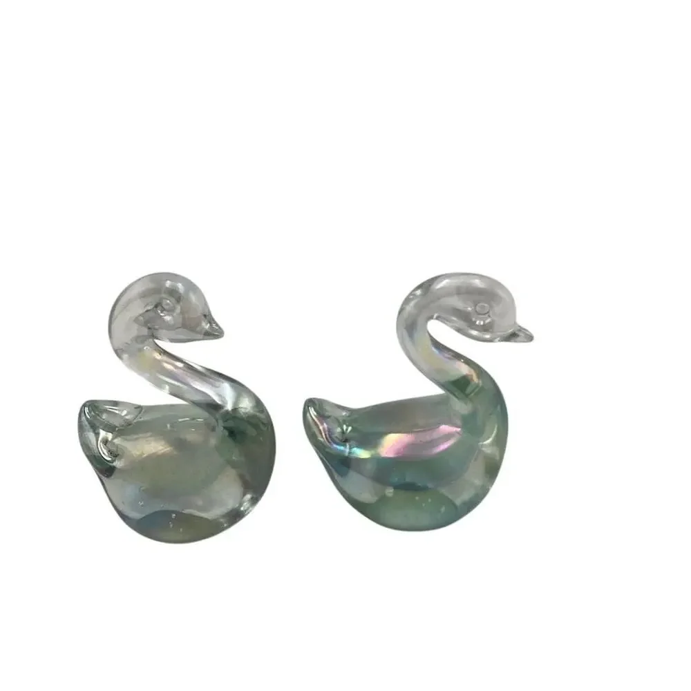 Vintage Iridescent Glass Swan Figurines Set of 2 Multicolor